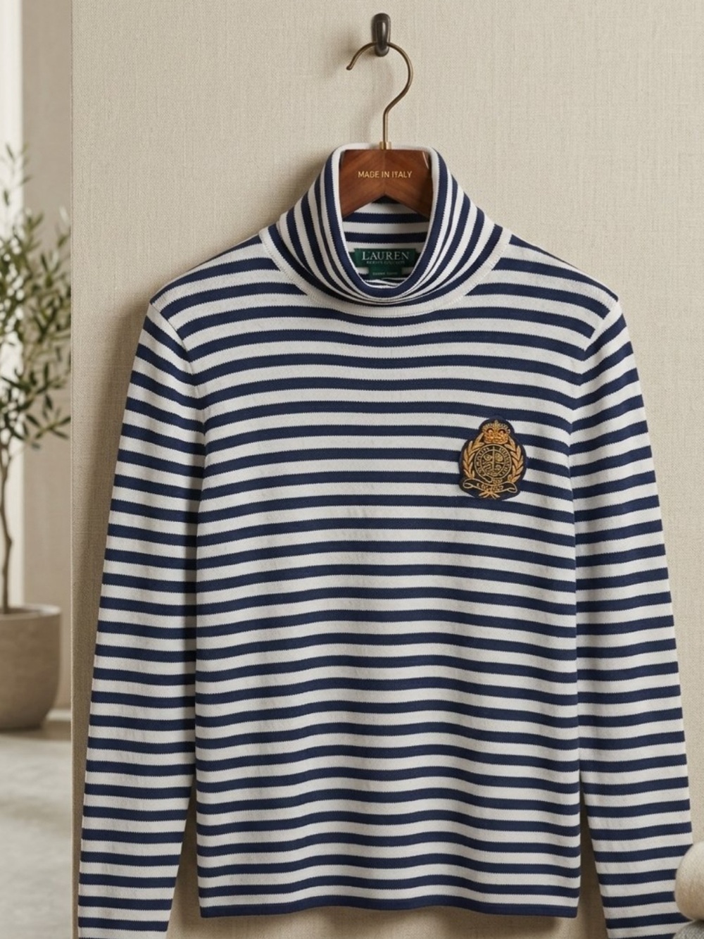 Ralph Lauren Navy & White Striped Turtleneck with Embroidered Crest